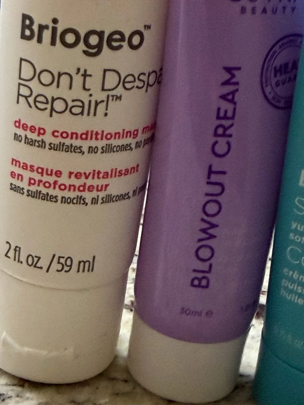 Set of 3 Style + Treat Travel-Size Tubes of hair care. 2 Briogeo and 1 Sutra
